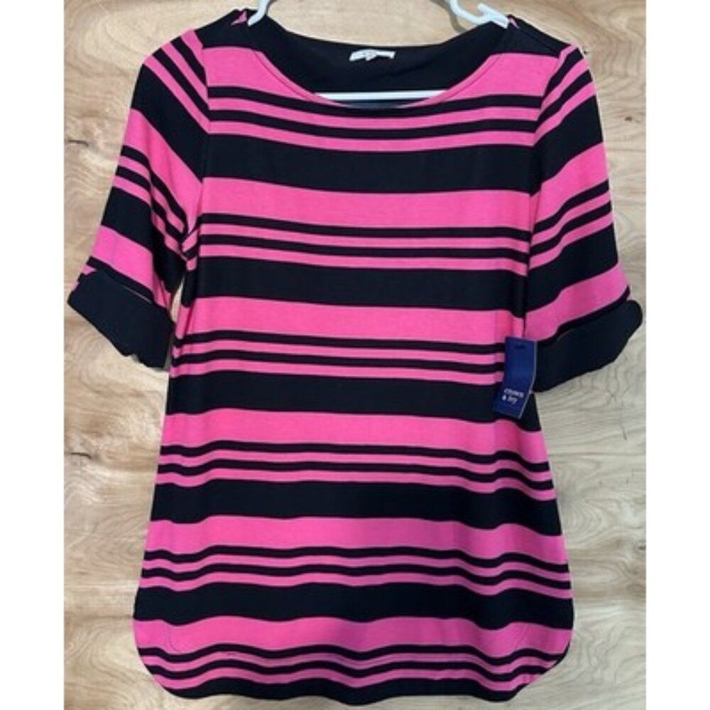NWT Crown & Ivy Pink Black Shirt Woman Small 1/2 Sleeve Rolled Cuffs Striped